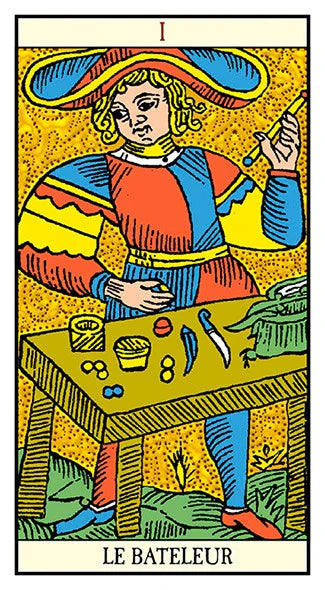 Tarot card featuring 'Le Bateleur' with a person at a table, colorful attire, and a yellow background.
