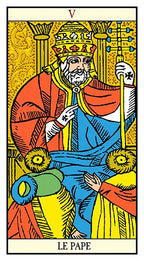 Tarot card featuring a figure labeled 'Le Pape' with colorful robes and symbols.