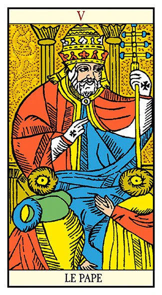 Tarot card featuring a figure labeled 'Le Pape' with colorful robes and symbols.