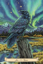 Raven perched on a log with a night sky and aurora borealis in the background