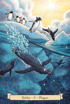 Illustration of penguins on an iceberg with underwater view and 'Water 5 Penguin' text.
