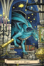 Blue dragon in a room with books, candles, and a telescope under a starry ceiling.
