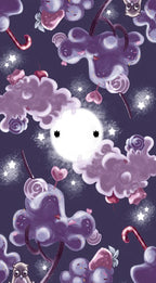 Cute character with umbrellas and clouds in a starry night sky