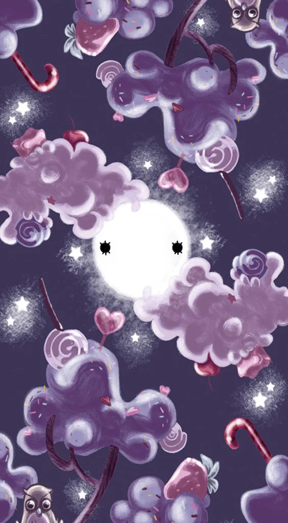 Cute character with umbrellas and clouds in a starry night sky