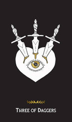 Design with three daggers and an eye in a circle on a black background, labeled 'Three of Daggers'.
