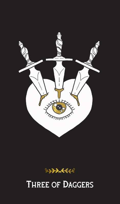Design with three daggers and an eye in a circle on a black background, labeled 'Three of Daggers'.