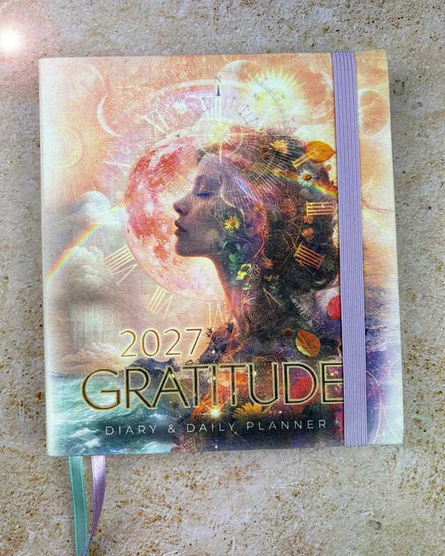 A 2027 Gratitude Diary & Daily Planner with a colorful, artistic cover featuring a woman's profile, a glowing moon, and gold Roman numerals, held together by a purple elastic band on a textured beige stone surface.
