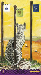 Card with a cat looking through bars, symbols above, and a yellow background