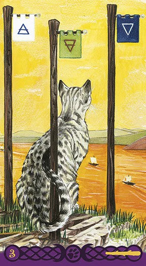 Card with a cat looking through bars, symbols above, and a yellow background