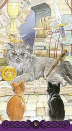 Illustration of a large cat with two smaller cats and a bird in a fantasy setting.