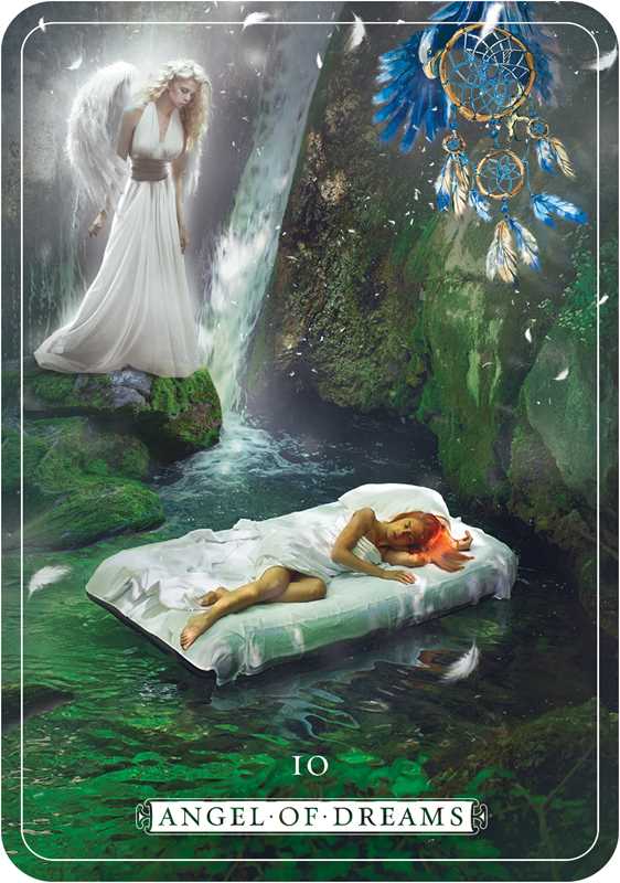 Card featuring an angel and a person lying on a bed in a mystical forest setting with a dreamcatcher.
