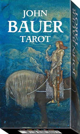 John Bauer Tarot box with a knight and horse illustration on a blue background