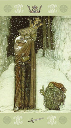 Illustration of a regal figure and a dwarf in a snowy landscape with decorative elements.