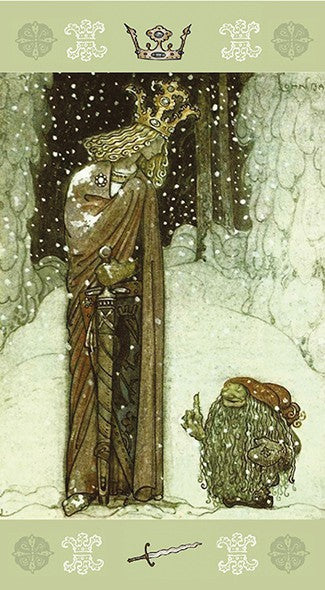 Illustration of a regal figure and a dwarf in a snowy landscape with decorative elements.