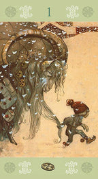 Illustration of a large figure with long hair and a small figure walking together, set against a beige background with decorative elements.