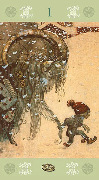 Illustration of a large figure with long hair and a small figure walking together, set against a beige background with decorative elements.