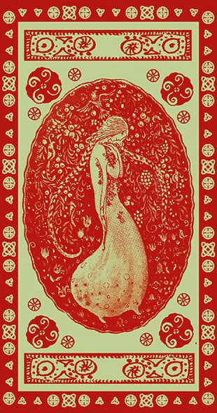 Decorative poster with a mermaid design on a red and green background