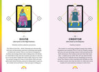 Two tarot cards labeled 'Divine' and 'Creator' with descriptions on a colorful background.