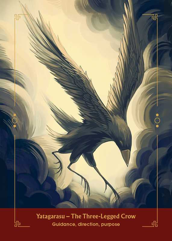 Illustration of a three-legged crow amidst swirling clouds with a red banner at the bottom.