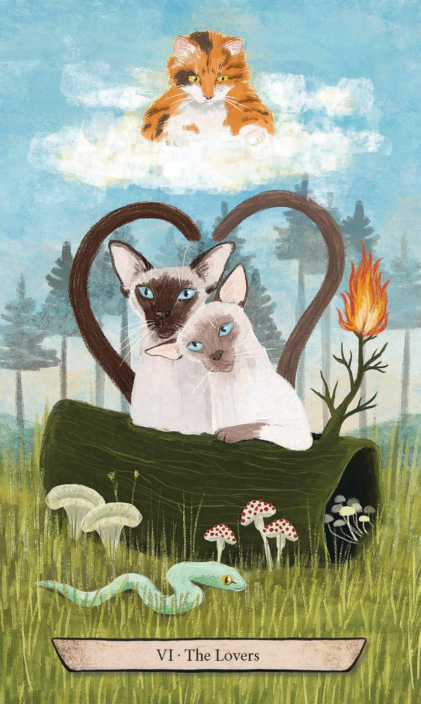 Two cats in a heart-shaped chair with nature elements on a card labeled 'The Lovers'.