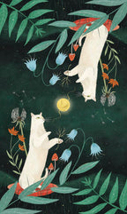 Two white cats in a garden with flowers and leaves under a moonlit sky.