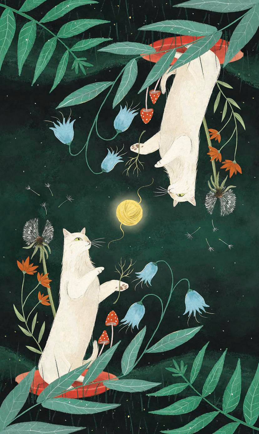 Two white cats in a garden with flowers and leaves under a moonlit sky.