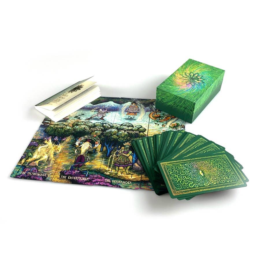 Green playing cards with colorful artwork on a white background