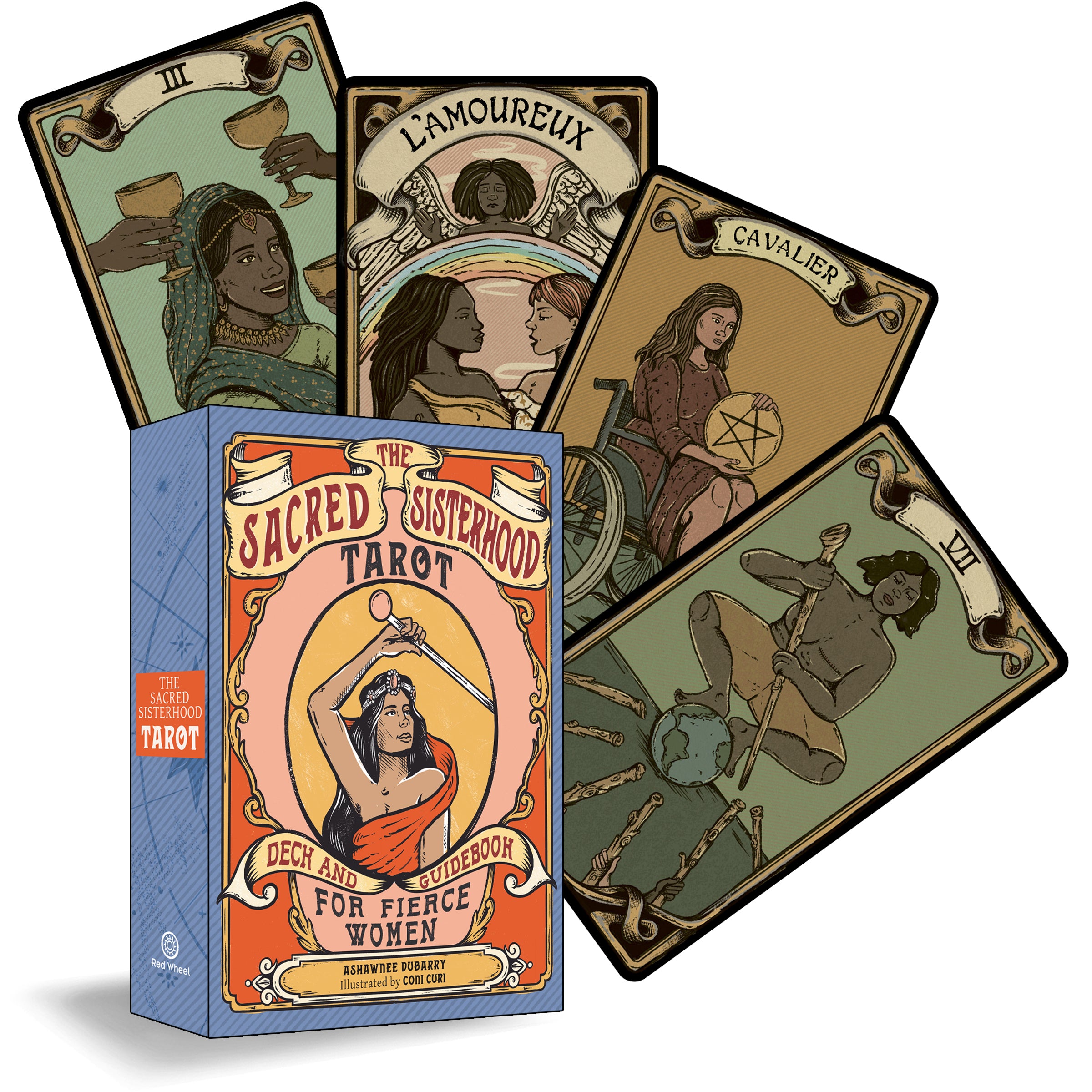 Sacred Sisterhood Tarot cards with box on a white background