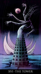 A surreal tarot-style illustration labeled 'XVI · THE TOWER' shows a tall tower rising from water, with a pale skeletal figure floating above it, reaching toward a pink orb, against a dark purple sky and large crescent moons.