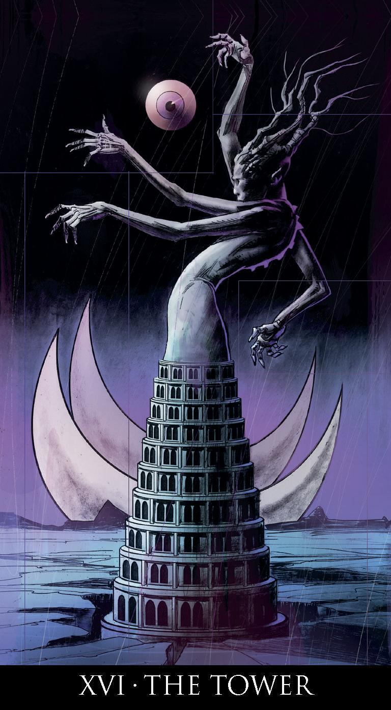 A surreal tarot-style illustration labeled 'XVI · THE TOWER' shows a tall tower rising from water, with a pale skeletal figure floating above it, reaching toward a pink orb, against a dark purple sky and large crescent moons.