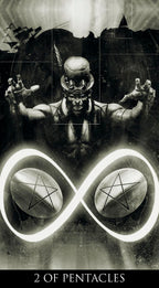 A black and white tarot card design featuring the '2 of Pentacles' symbol, with two circular cards marked with pentagrams inside an infinity loop. A muscular figure in a top hat and goggles stands behind the symbol, with a dark industrial background and the text '2 OF PENTACLES' at the bottom.