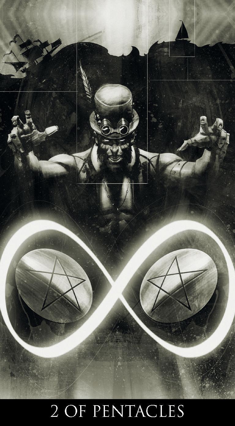 A black and white tarot card design featuring the '2 of Pentacles' symbol, with two circular cards marked with pentagrams inside an infinity loop. A muscular figure in a top hat and goggles stands behind the symbol, with a dark industrial background and the text '2 OF PENTACLES' at the bottom.