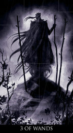 A dark, moody tarot-style illustration labeled '3 OF WANDS' at the bottom. A cloaked figure with long flowing hair stands on a rocky outcrop holding multiple tall wands, surrounded by barren branches and a smoky gray background.