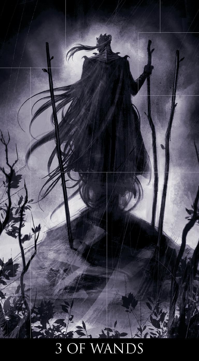 A dark, moody tarot-style illustration labeled '3 OF WANDS' at the bottom. A cloaked figure with long flowing hair stands on a rocky outcrop holding multiple tall wands, surrounded by barren branches and a smoky gray background.