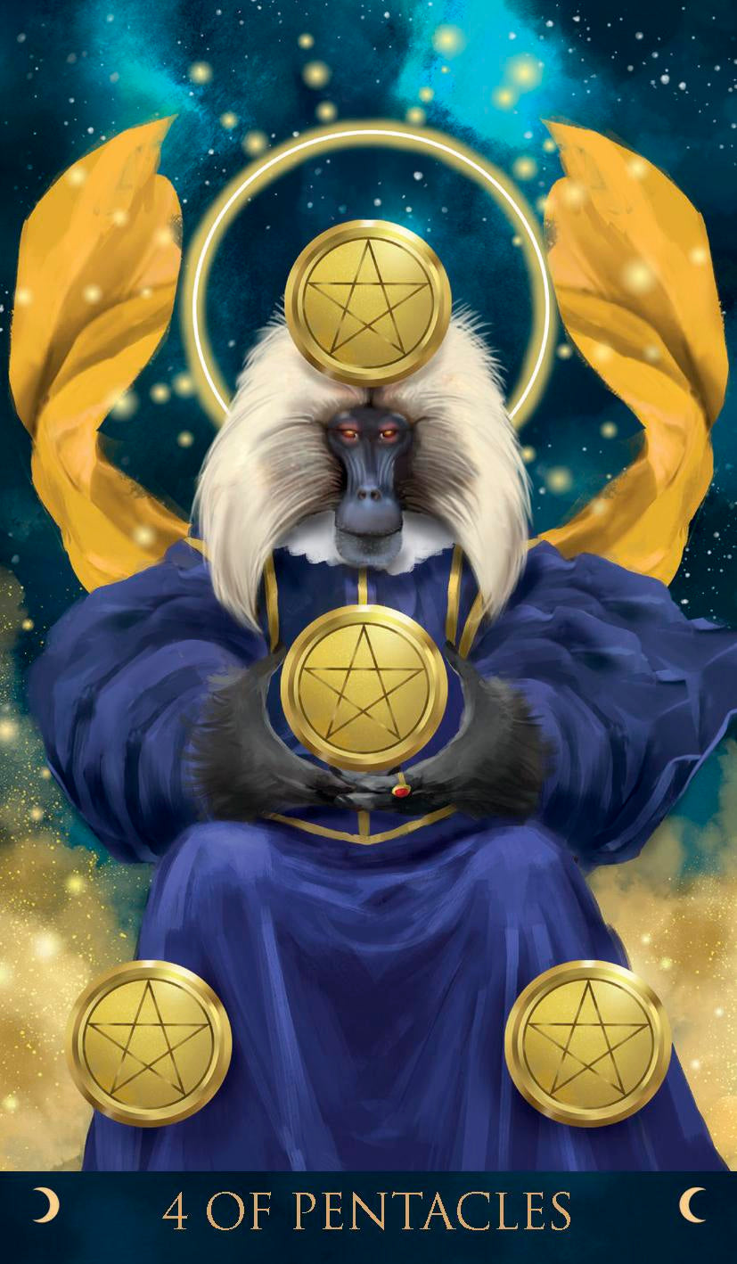 Card featuring a monkey with pentacle symbols against a starry background