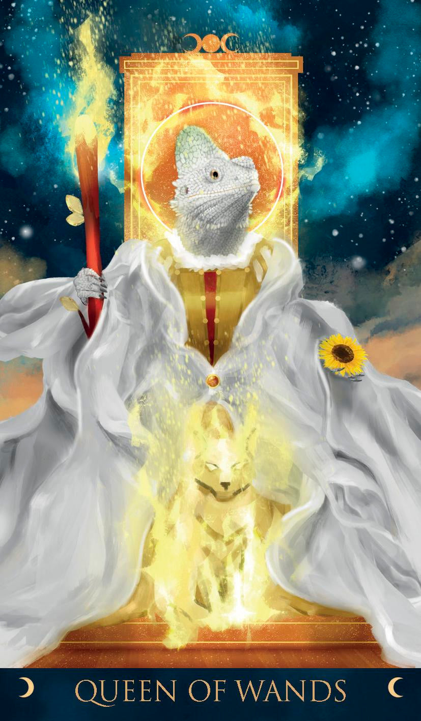 Tarot card featuring the 'Queen of Wands' with a mystical design and celestial background.