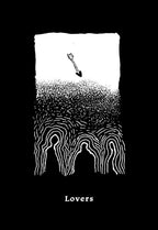 Black and white illustration with an arrow and wavy lines on a black background, featuring the word 'Lovers'.