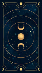 Decorative design with gold moon phases on a dark blue background with stars