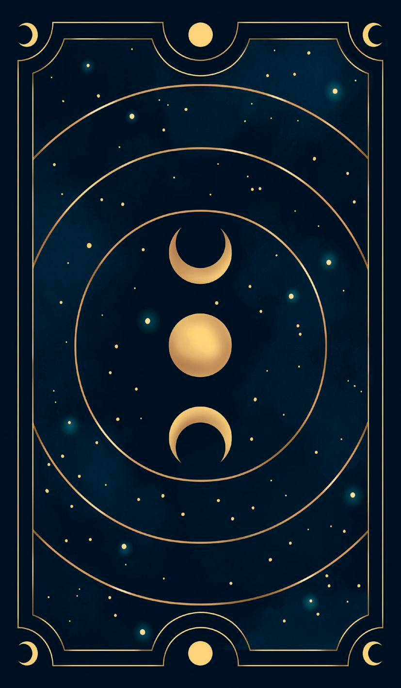 Decorative design with gold moon phases on a dark blue background with stars