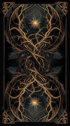 A square black art print featuring a symmetrical design of golden roots and vines forming an infinity loop with two glowing yellow starburst centers, framed by ornate gold corner details.