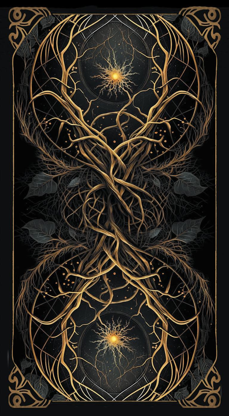 A square black art print featuring a symmetrical design of golden roots and vines forming an infinity loop with two glowing yellow starburst centers, framed by ornate gold corner details.