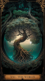 A tarot-style artwork labeled 'XXI · THE WORLD' shows a large gnarled tree with exposed roots, surrounded by glowing teal water and a pale moonlit sky. Ornate dark decorative borders frame the scene.
