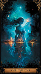 A fantasy tarot-style artwork titled 'XVII. THE STAR' showing a glowing blue woman standing in reflective water under a starry night sky, with ornate gold border details and dark trees around her.