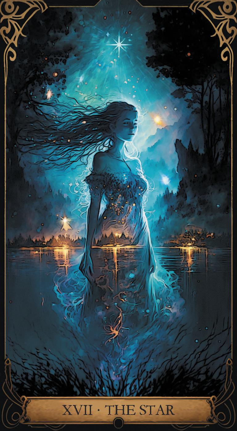 A fantasy tarot-style artwork titled 'XVII. THE STAR' showing a glowing blue woman standing in reflective water under a starry night sky, with ornate gold border details and dark trees around her.
