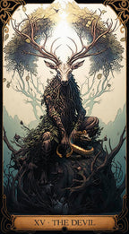 A fantasy tarot-style artwork titled 'XV · THE DEVIL' showing a deer-headed figure seated on dark roots and trees, with antlers, foliage, a snake, and ornate border framing the scene.