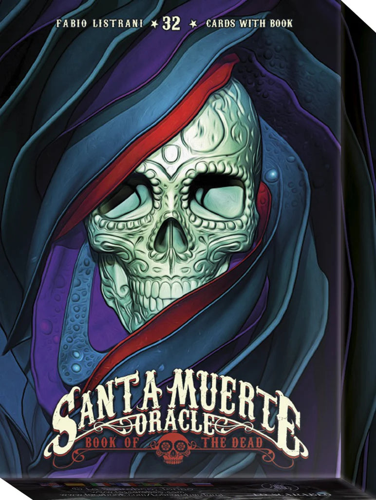 Cover of 'Santa Muerte Oracle: Book of the Dead' with a stylized skull design.