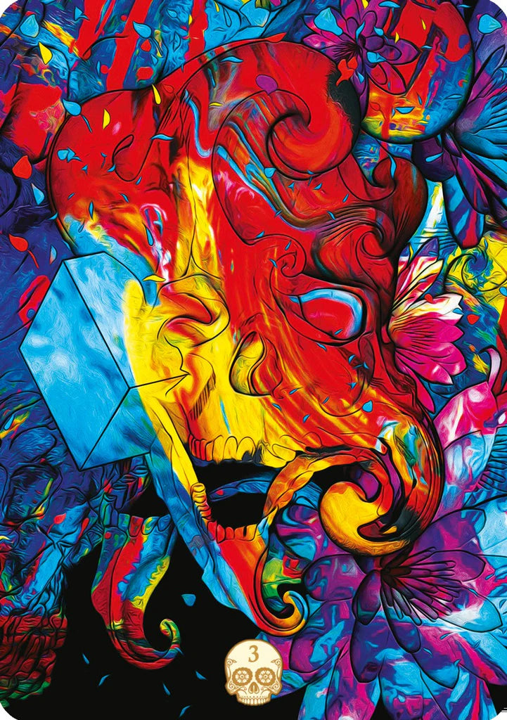 Colorful abstract design with a skull in the center