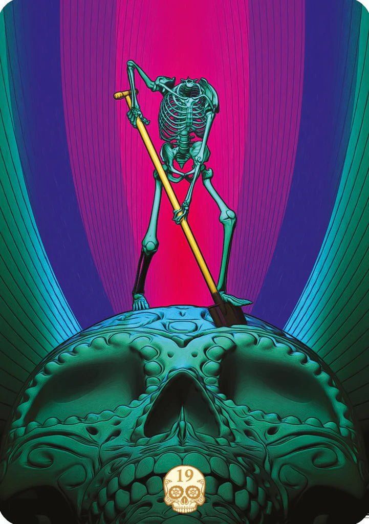 Skeletal figure on a large skull with a colorful abstract background