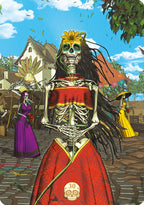Skeletal figure in a vibrant red outfit with a colorful background