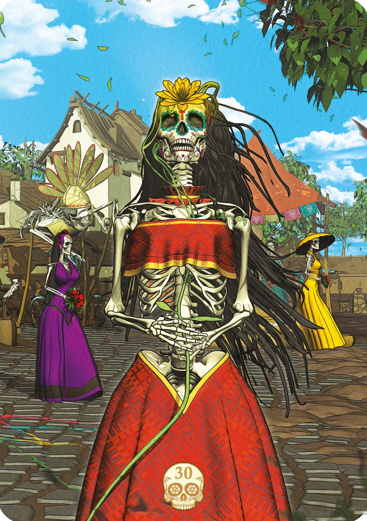 Skeletal figure in a vibrant red outfit with a colorful background